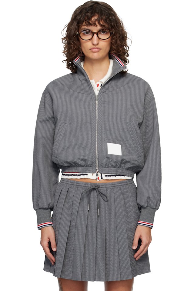 Thom Browne — Gray Wool Seersucker Zip Up Track Jacket