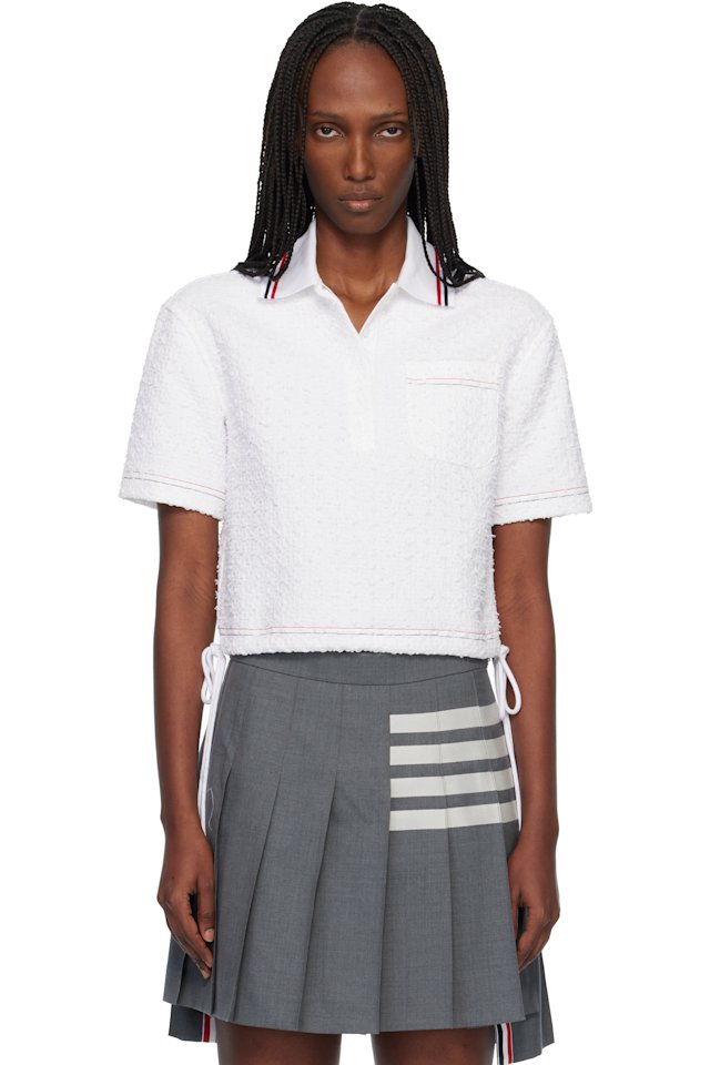 Thom Browne — White Eyelash Ribbon Tweed Drawstring Hem Polo