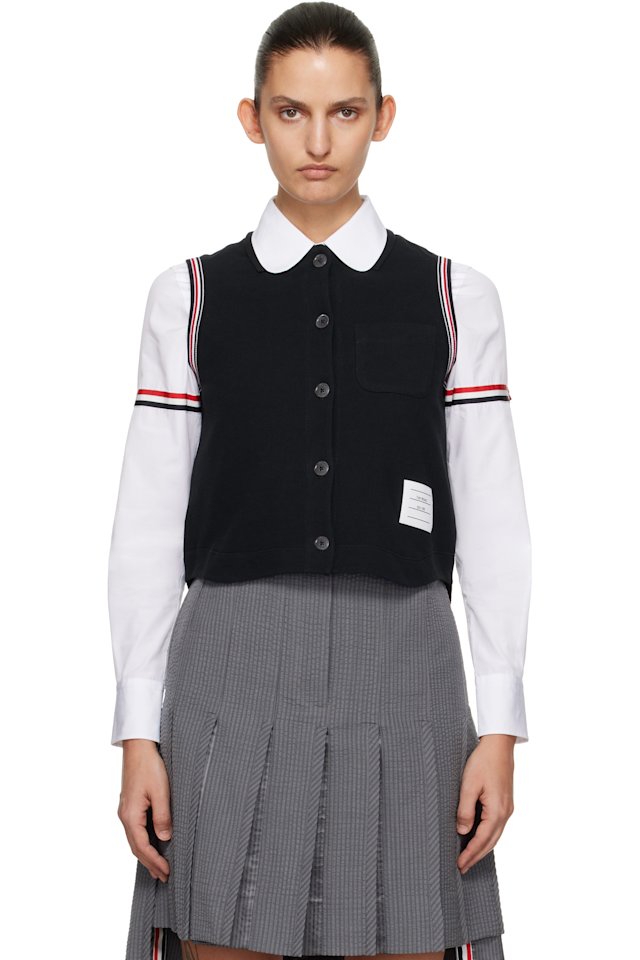 Thom Browne — Navy Pique RWB Trim Sleeveless Shirt