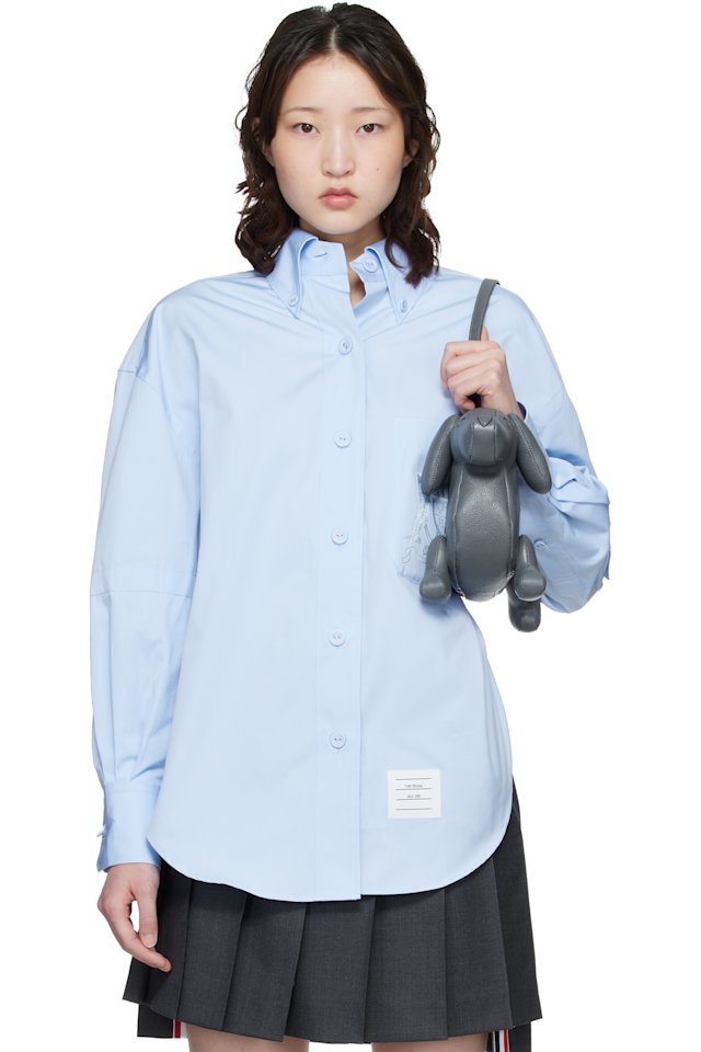 Thom Browne — Blue Solid Poplin Crest Embroidery Armand Supersized Shirt