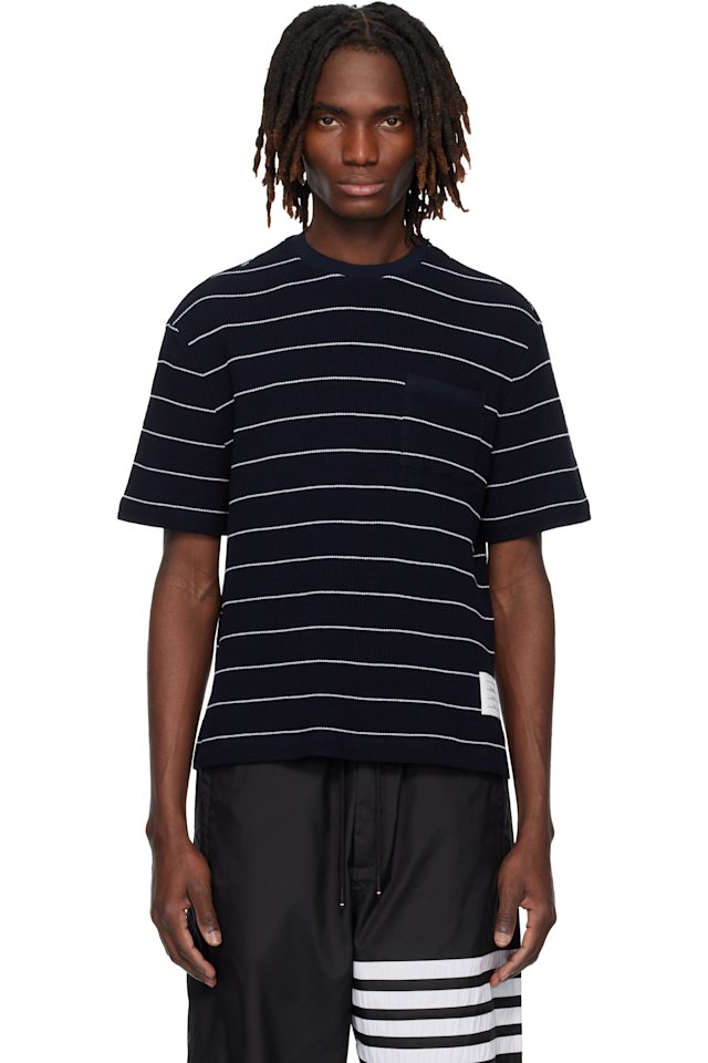 Thom Browne — Navy Textured Stripe Waffle T-shirt