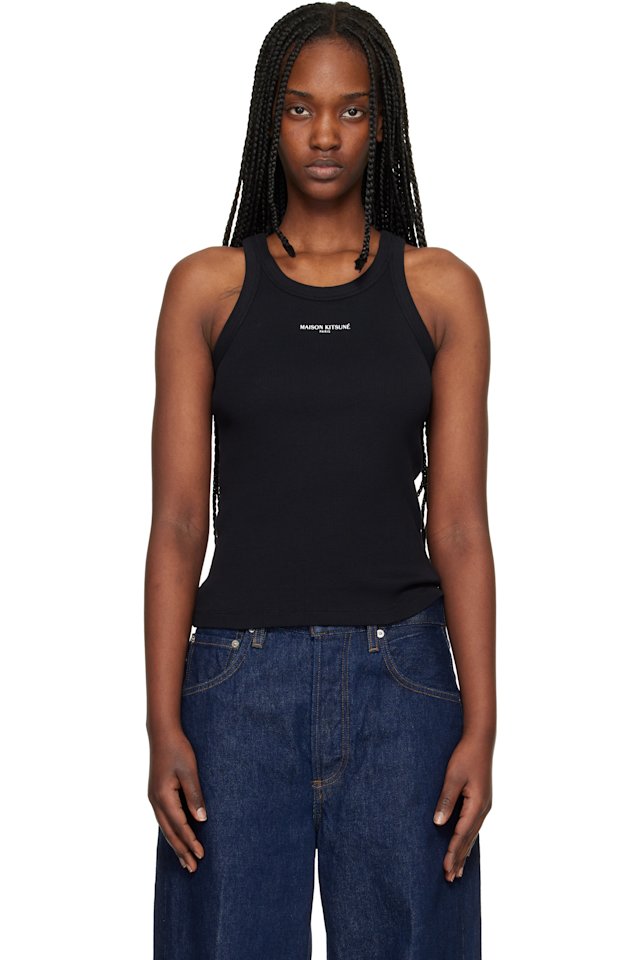 Maison Kitsuné — Black 'Maison Kitsuné Paris' Ribbed Tank Top