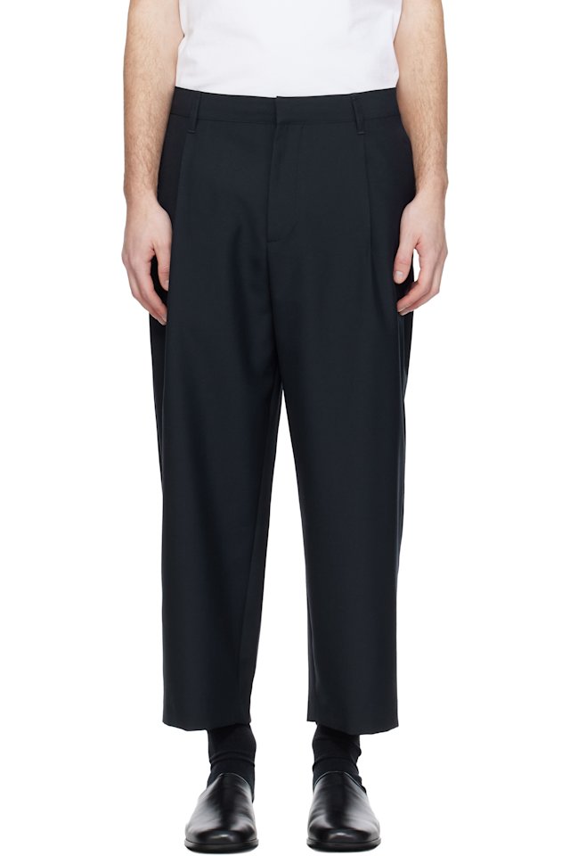 Maison Kitsuné — Navy Cropped Pleated Trousers