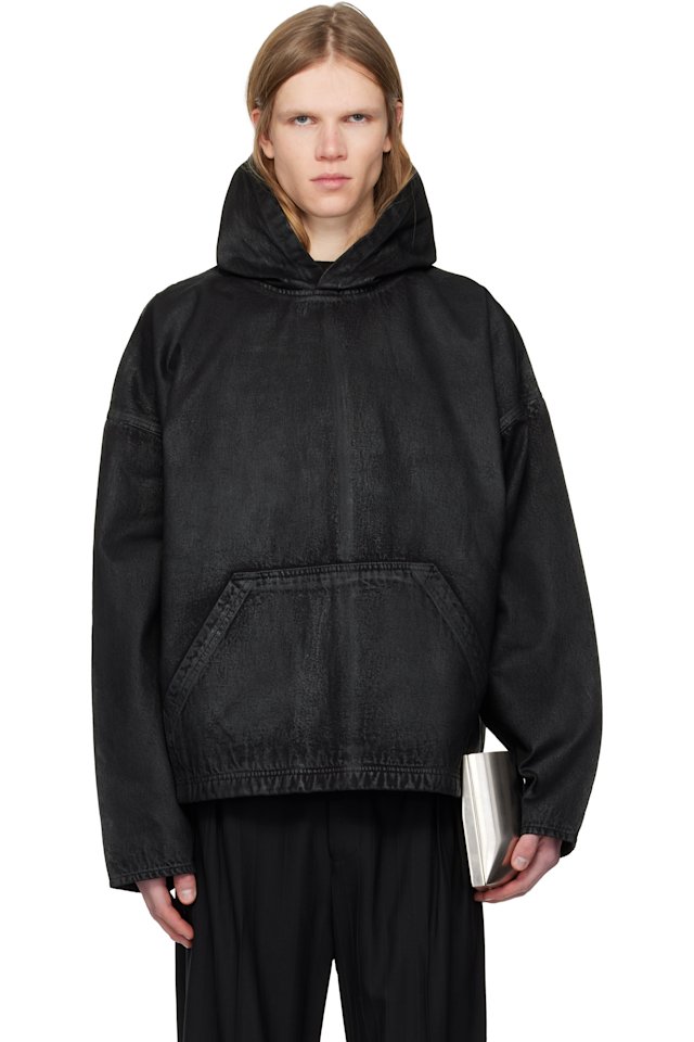 DET BLEV SENT — Black Waxed Denim Hoodie