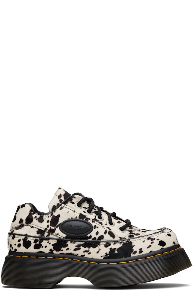 Dr. Martens — Black & White Buzz 5-Eye Dalmatian Hair On Leather Derbys