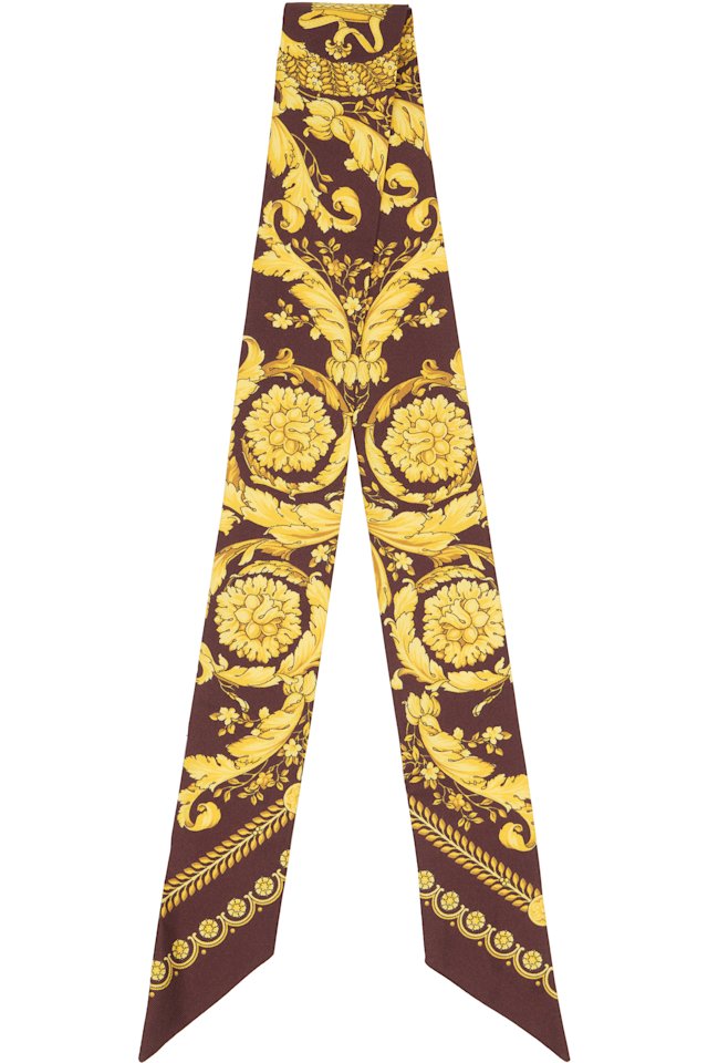 Versace — Burgundy & Yellow Printed Silk Twill Ribbon Scarf