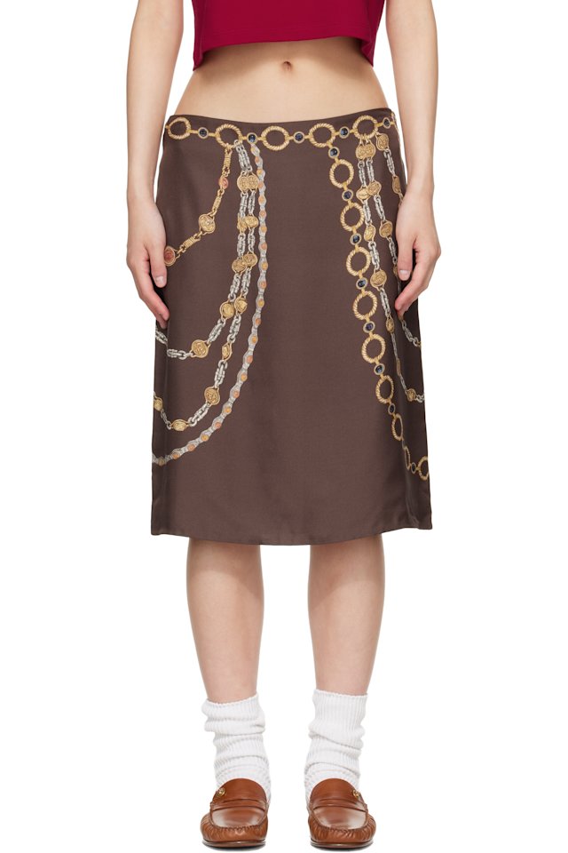Versace — Brown Printed Silk Twill Pencil Midi Skirt