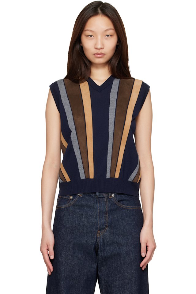 Versace — Navy Intarsia-Wool & Leather Patchwork Vest