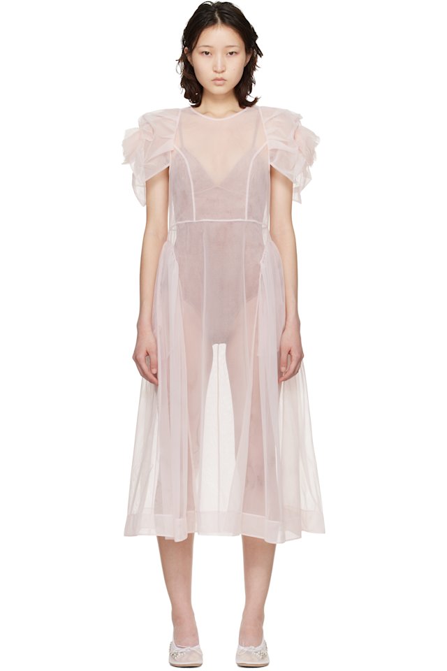 Simone Rocha — Pink Rose Puff Sleeve Hip Midi Dress