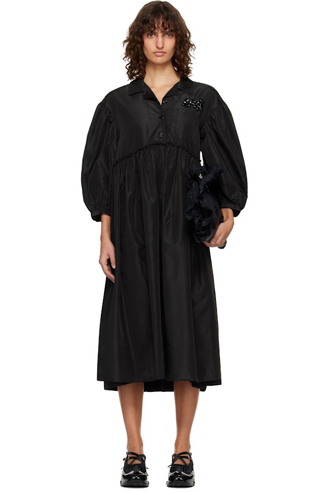 Simone Rocha — Black Embellished Signature Smock Shirt Midi Dress