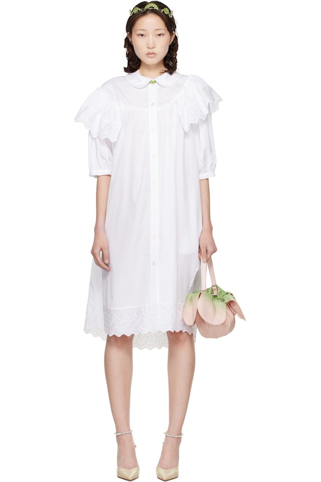 Simone Rocha — White Puff Sleeve Ruffle Frill Trim Shirt Midi Dress