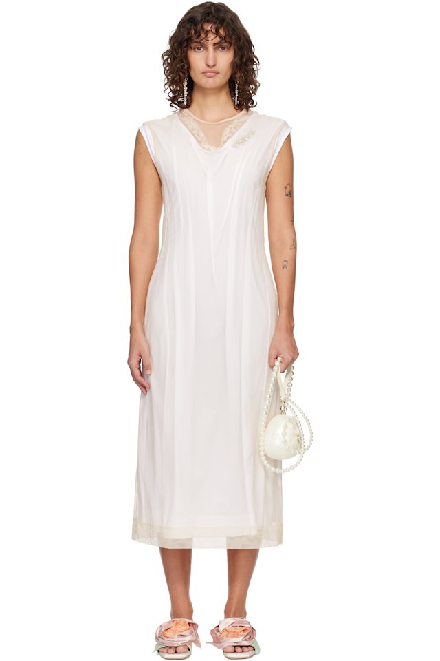 Simone Rocha — White & Beige Layered Liquid Lace Trim Midi Dress