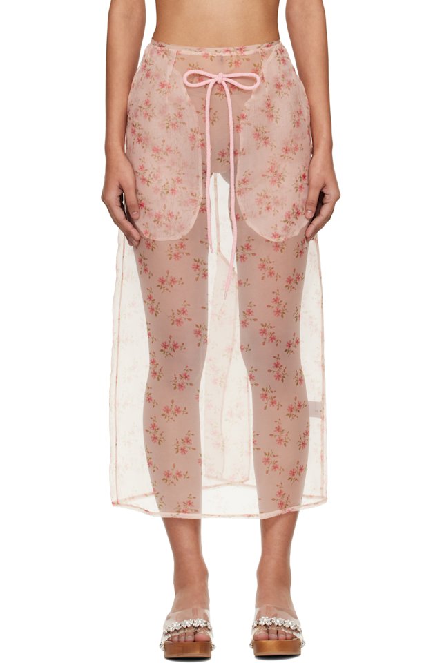 Simone Rocha — Pink Sheer Frayed Column Pencil Midi Skirt