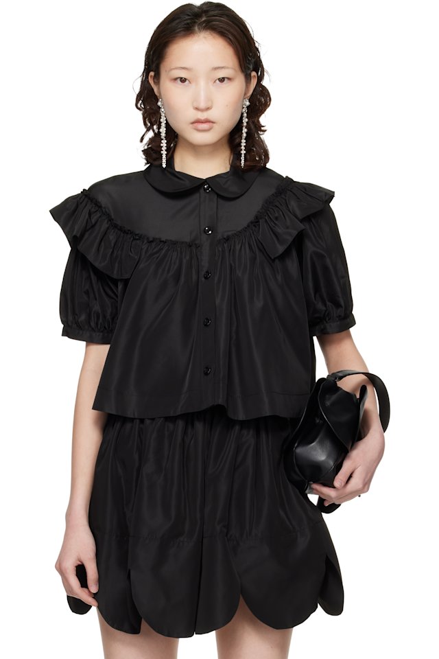 Simone Rocha — Black Cropped Puff Sleeve Ruffle Frill Shirt