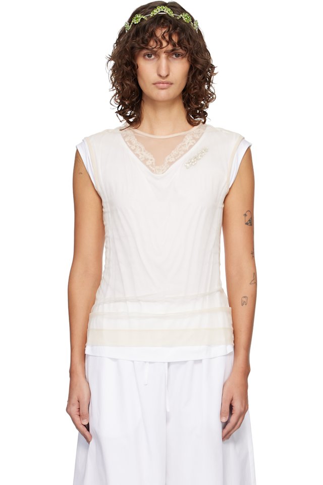 Simone Rocha — White & Beige Layered Liquid Lace Trim T-shirt
