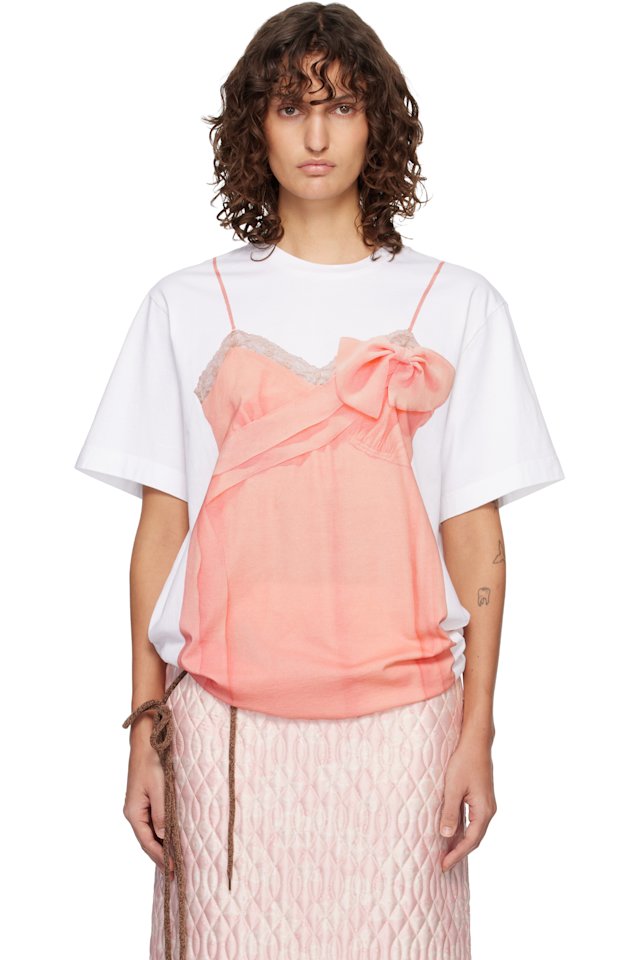 Simone Rocha — White & Pink Bow Sash Slip Dress Trompe L'Oeil T-shirt