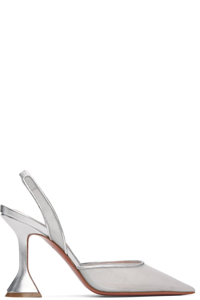 Amina Muaddi — Silver Holli Mesh Sling 95 Heels
