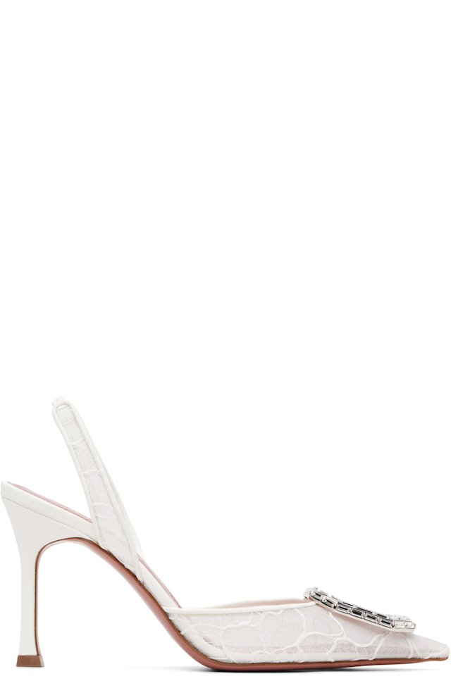 Amina Muaddi — White Camelia Lace Sling 90 Heels