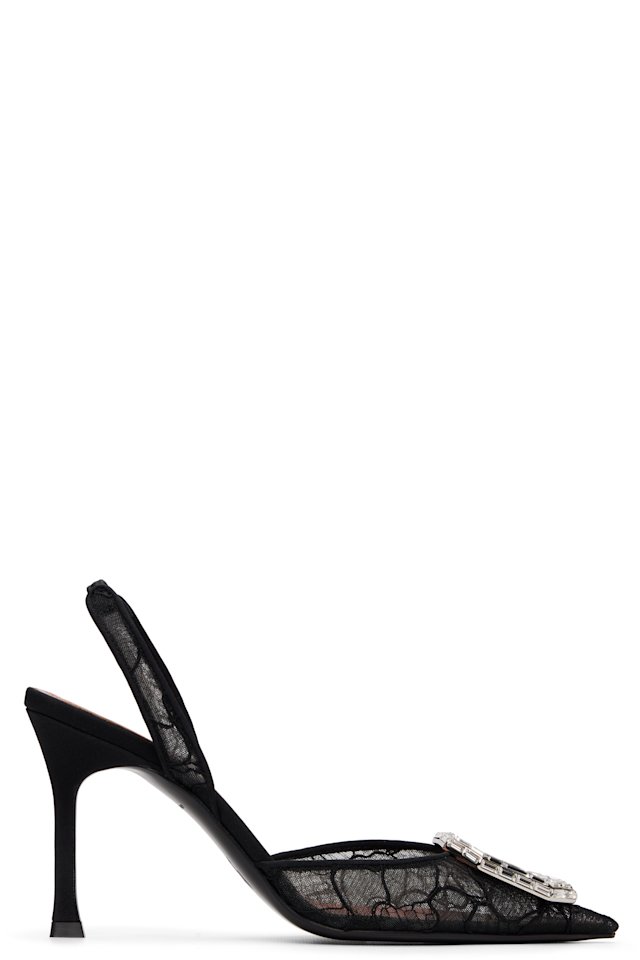 Amina Muaddi — Black Camelia Lace Sling 90 Heels