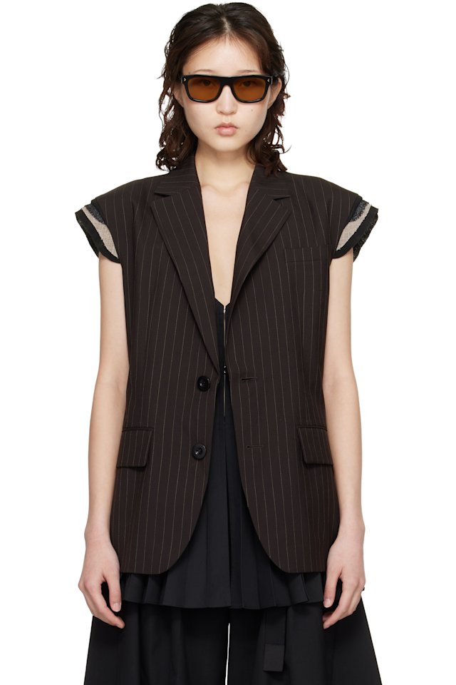 sacai — Brown Chalk Stripe Vest