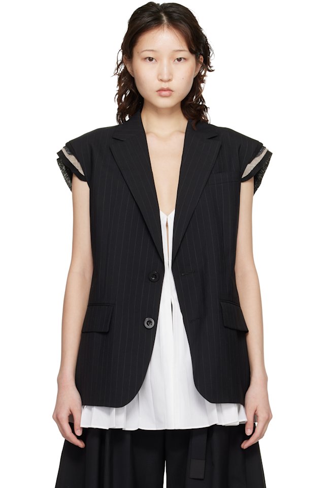 sacai — Black Chalk Stripe Vest