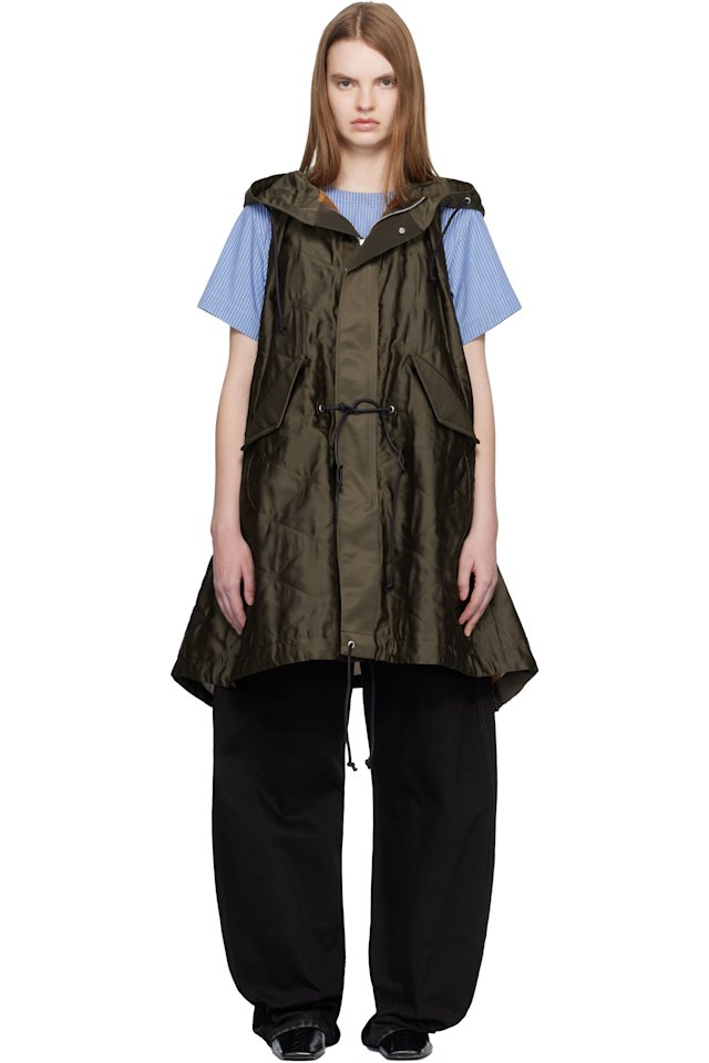 sacai — Khaki Quilted Satin Hooded Vest
