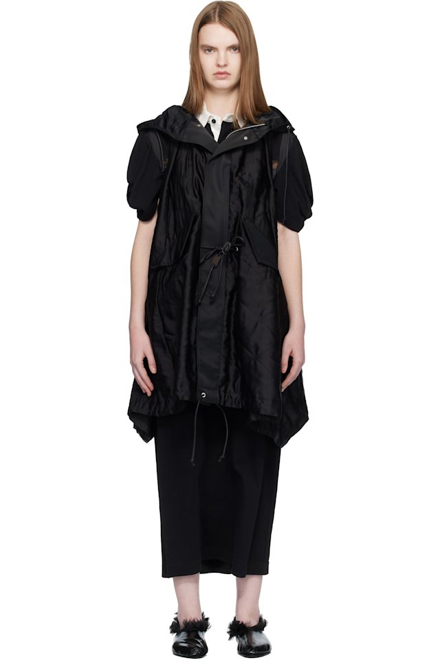 sacai — Black Quilted Satin Hooded Vest