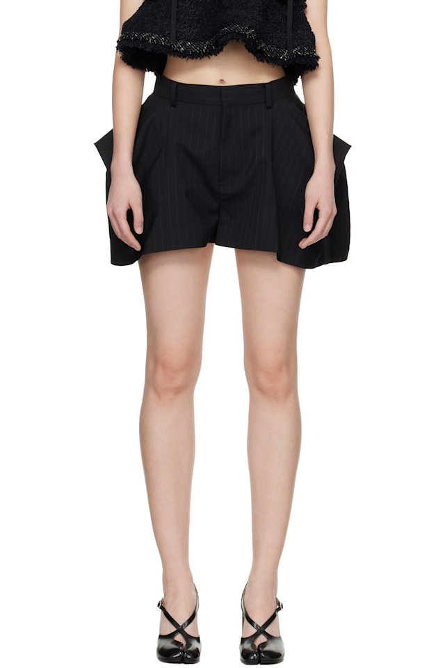 sacai — Black Chalk Stripe Shorts