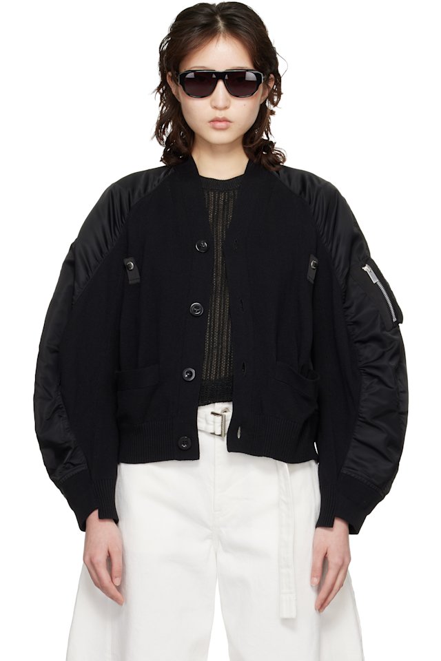 sacai — Black Nylon Twill & Knit Cardigan