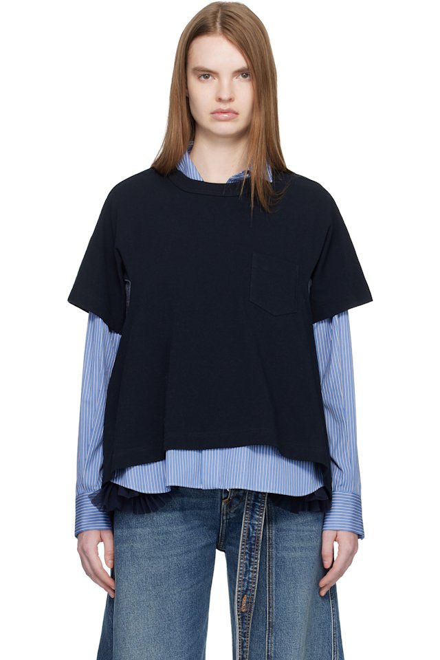 sacai — Navy Light Weight Denim & Cotton Jersey T-shirt