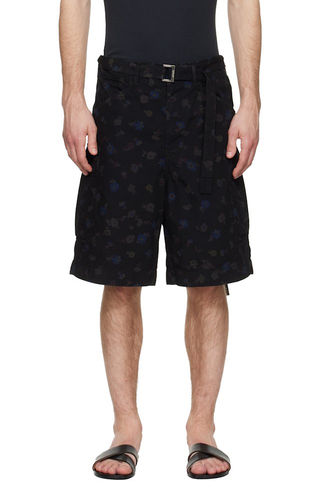 sacai — Black Overdyed Floral Print Cargo Shorts