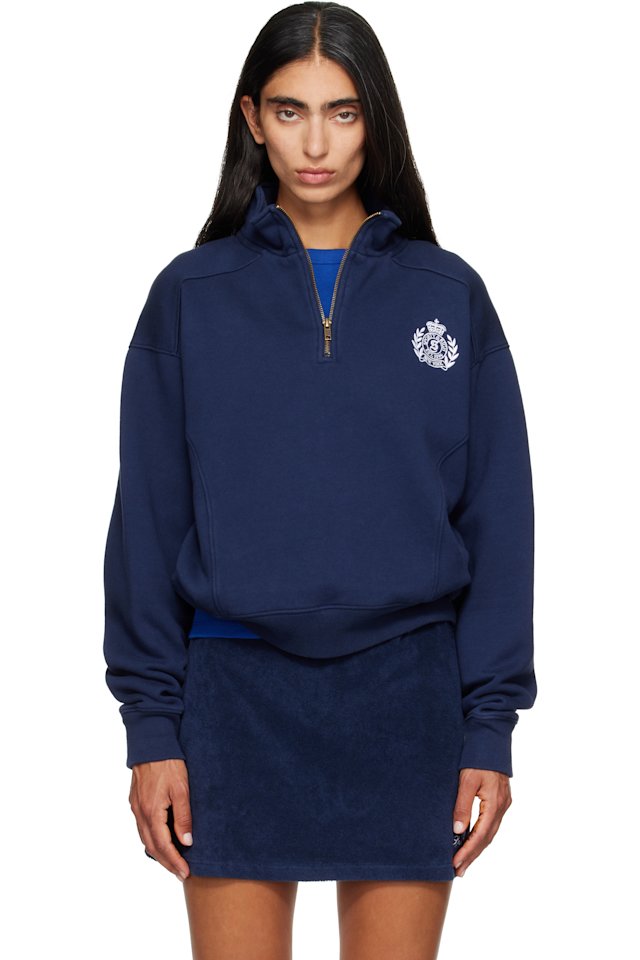 Sporty & Rich — Navy NY Crest Embroidered Quarter Zip Sweatshirt