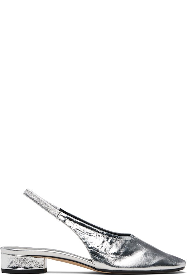 Aeyde — Silver Dua Laminated Leather Slingback Heels