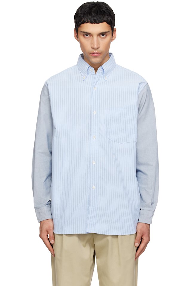 nanamica — Blue & Gray Button Down Stripe Storm Shirt