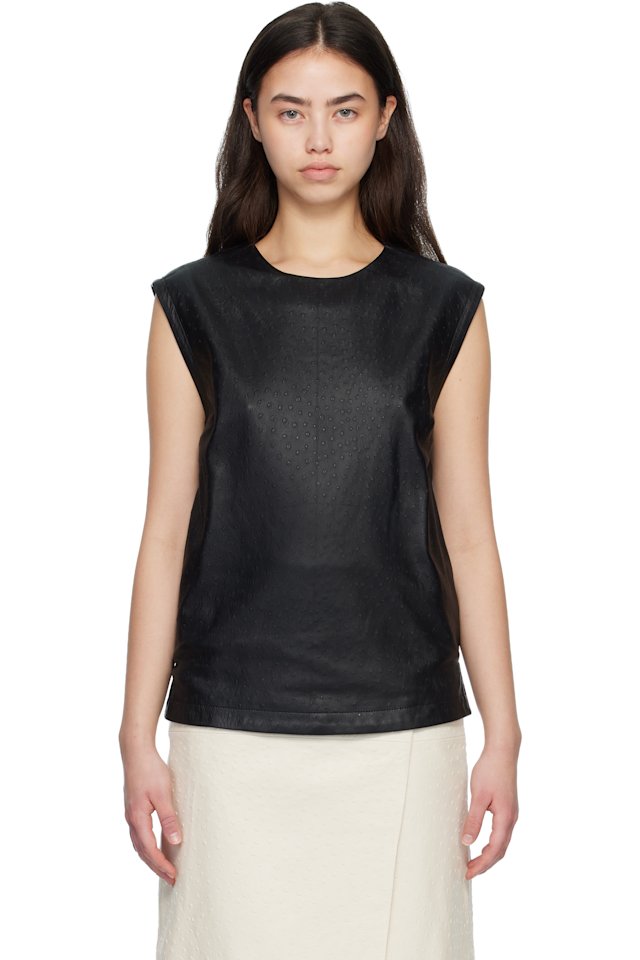 Loulou de Saison — Black FIZA Ostrich-Effect Leather Blouse