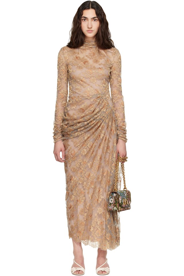 Valentino — Beige Feather Lace Maxi Dress