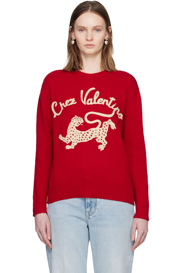 Valentino — Red Wool 'Chez Valentino' & Panther Embroidery Sweater