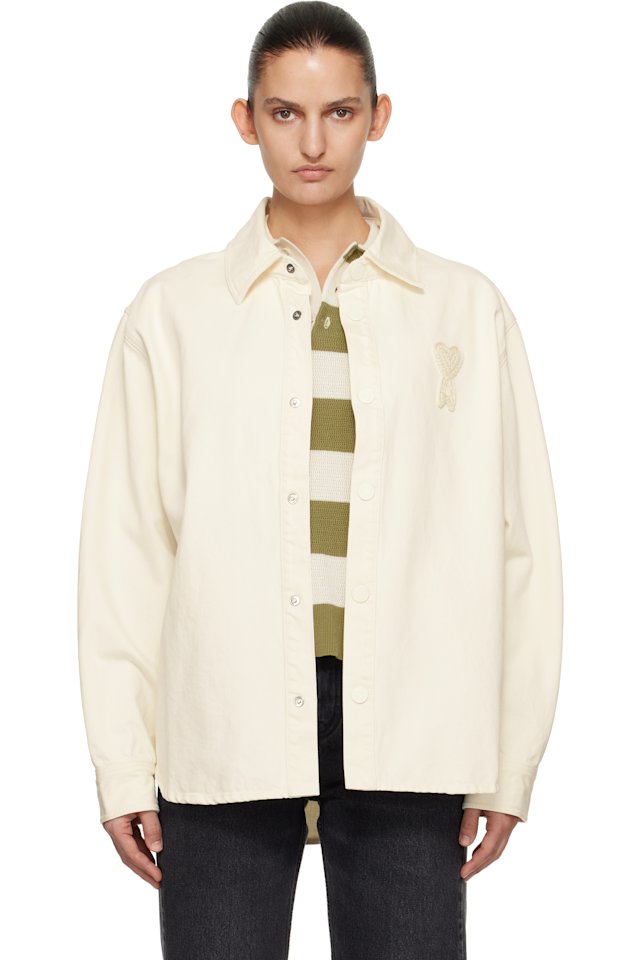 AMI Paris — Off-White Cotton Knitted 'Ami de Coeur' Overshirt