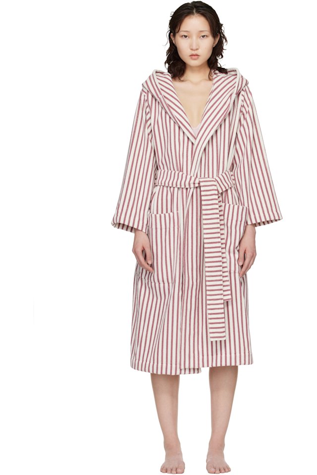 Tekla — White & Red Terry Hooded Bathrobe