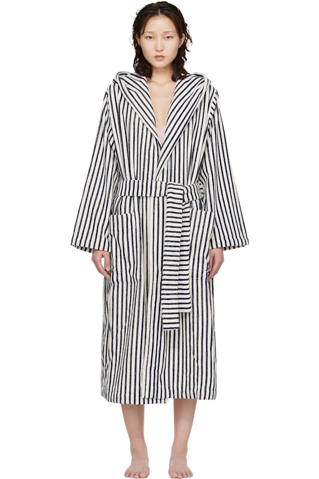 Tekla — White & Navy Terry Hooded Bathrobe