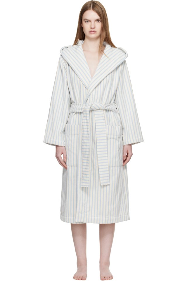 Tekla — Off White & Blue Terry Hooded Bathrobe