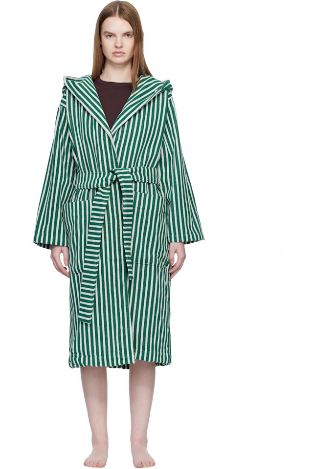 Tekla — Green & White Terry Hooded Bathrobe