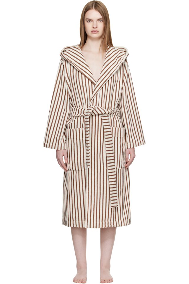 Tekla — Off White & Brown Terry Hooded Bathrobe