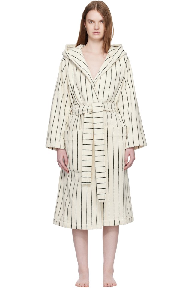 Tekla — White & Green Terry Hooded Bathrobe