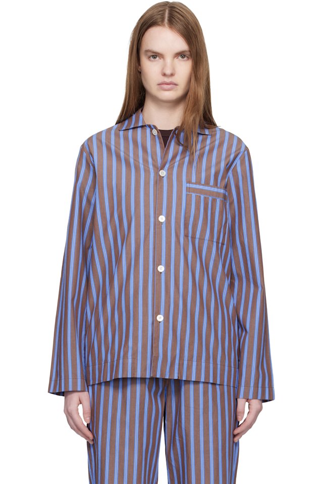 Tekla — Brown & Blue Poplin Long-Sleeved Pyjama Shirt