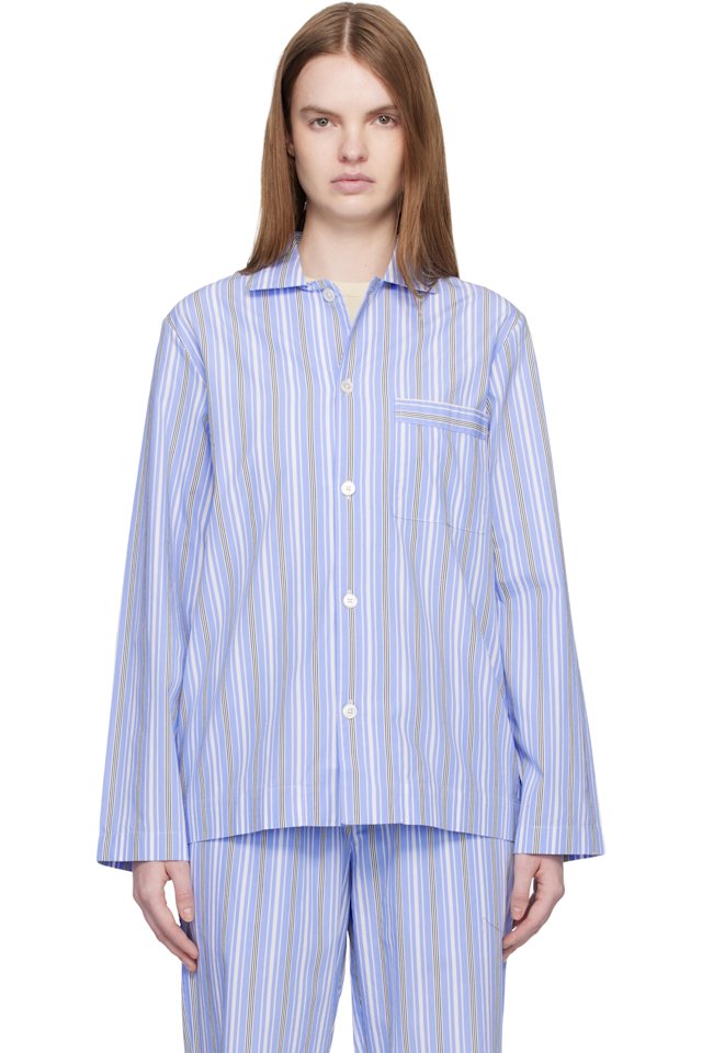 Tekla — Blue & White Poplin Long-Sleeved Pyjama Shirt