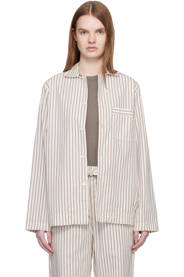 Tekla — Off-White & Brown Poplin Long-Sleeved Pyjama Shirt