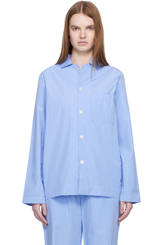 Tekla — Blue Poplin Long-Sleeved Pyjama Shirt
