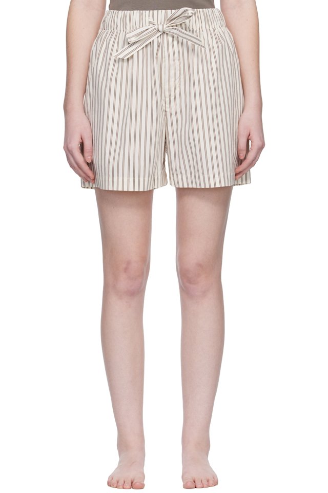Tekla — Off-White & Brown Poplin Pyjama Shorts