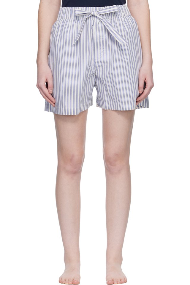 Tekla — White & Blue Poplin Pyjama Shorts